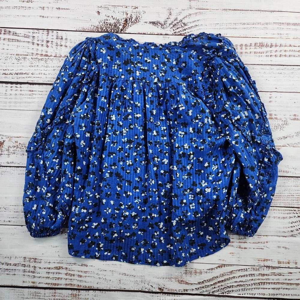 Ulla Johnson Manet Blouse Women's 0 Cornflower Blue Floral Silk Cotton Ruffle